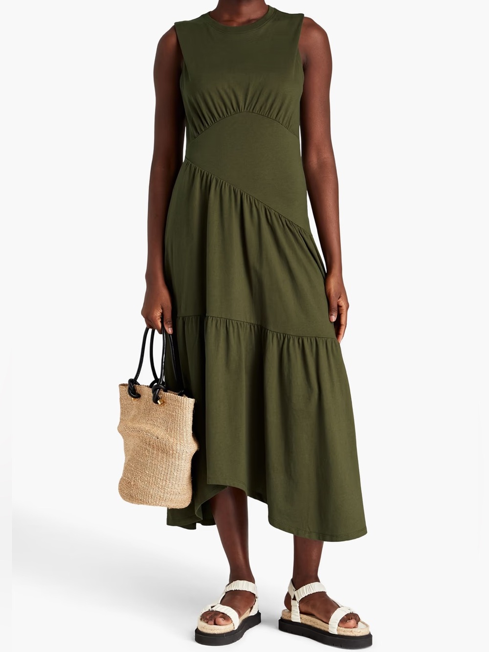 FRAME Sleeveless Gathered Cotton Tiered Asymmetric Midi Dress Green Medium